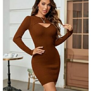 Long Sleeve Sweater Dress Cut Out Mini Ribbed Sweater Brown